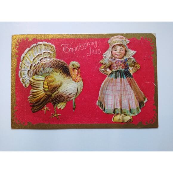 Thanksgiving Postcard Dutch Girl Wooden Shoes Turkey Joys Series 6 Embossed - Picture 2 of 3